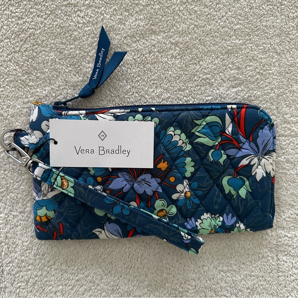 NEW NWT Vera Bradley RFID Tech Wristlet Blue Floral Burst w/ Wrist Strap